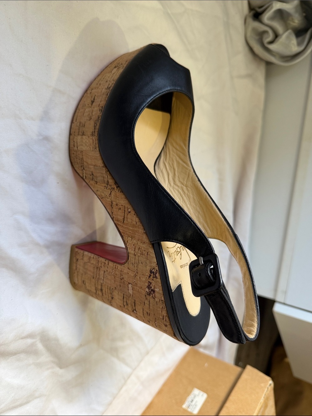 Christian Louboutin Black Leather Cork Wedge Slingbacks